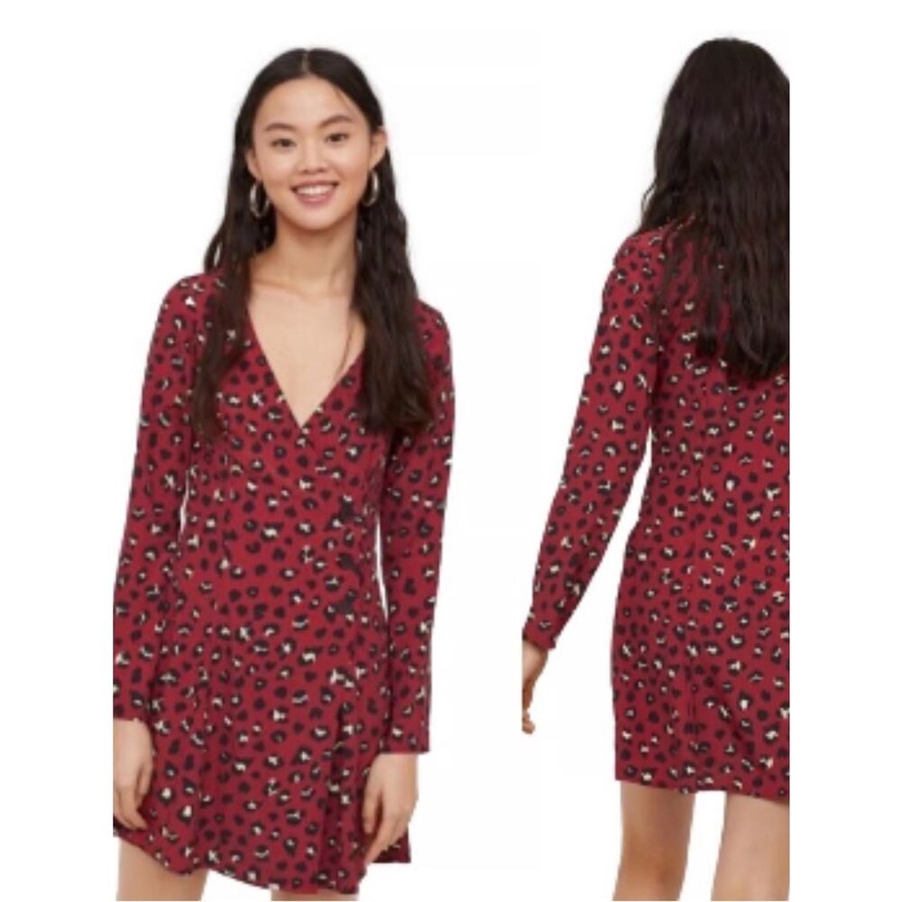 H&M maroon animal print wrap dress 10